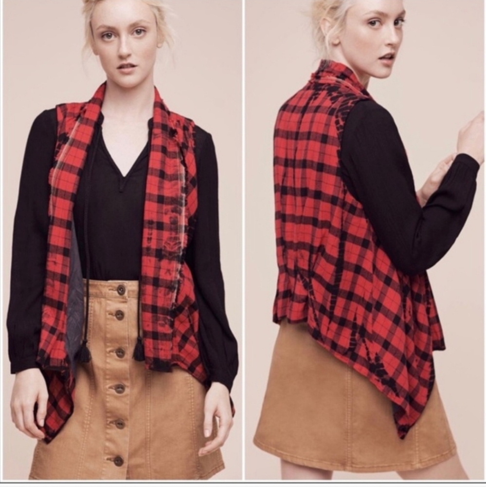 Anthropologie Elevenses Red Buffalo Plaid Open Drape Vest Cardigan Sweater
